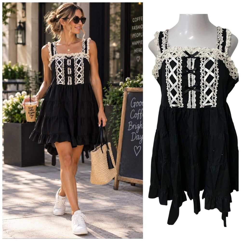 Lovely Gothic Lolita Tiered Japan Black Cotton Dress Lace Corset Dark Coquette